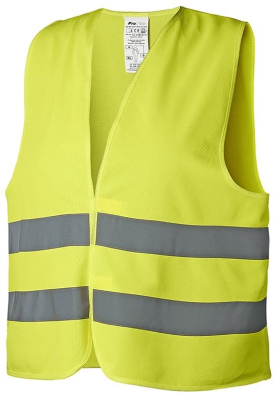 Vooraanzicht van een geel ProPlus veiligheidsvest met klittenbandsluiting en twee horizontale reflecterende banden.