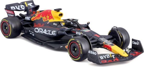 Zwarte Formule 1 auto RB18 met Red Bull logo's, gele neus en rode accenten.