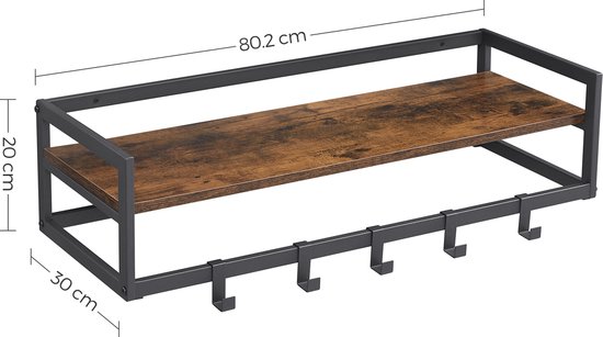 Afmetingen van de industriële wandkapstok: 80.2cm breed, 20cm hoog, 30cm diep.