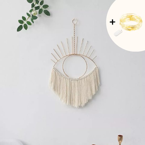Macramé Wandspiegel, wanddecoratie met franjes, wandbevestiging, boho, rond, beige