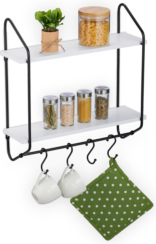 Support de cuisine suspendu Relaxdays - support mural avec crochets pour tasses - support suspendu étroit avec 2 étagères