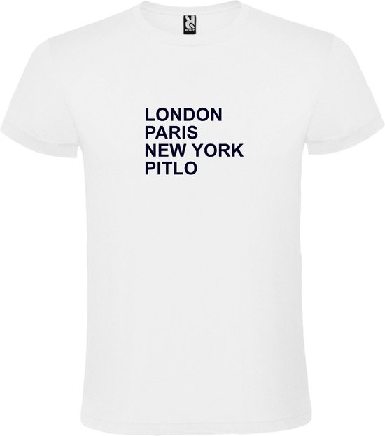 wit T-Shirt met London,Paris, New York , Pitlo tekst Zwart Size M