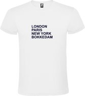 wit T-Shirt met London,Paris, New York , Bokkedam tekst Zwart Size XL