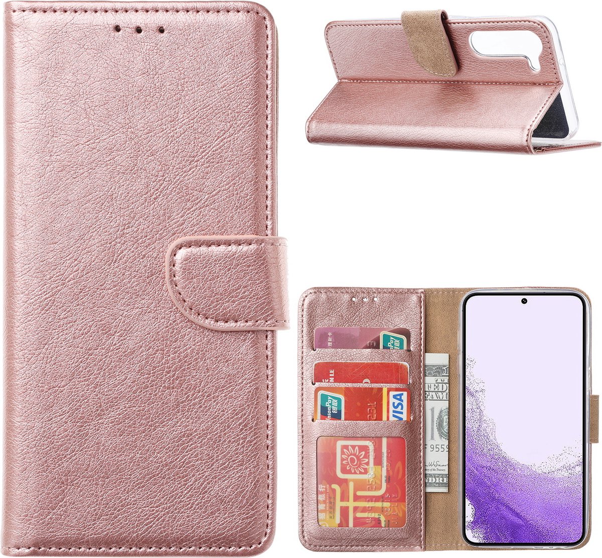 Hoesje Geschikt Voor Samsung Galaxy S23 Plus Hoesje met Pasjeshouder – Bookcase – Rosegoud
