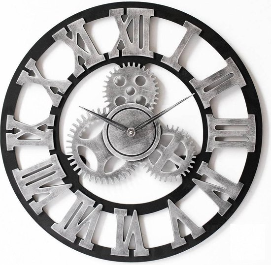 LW Collection Wandklok grijs zwart 40cm - Kleine houten klok met tandwielen romeinse cijfers - Industriële wandklok stil uurwerk