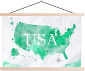 Posterhanger incl. Poster - Schoolplaat - Wereldkaart - Verenigde Staten - Groen - 150x100 cm - Blanke latten