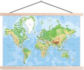 Posterhanger incl. Poster - Schoolplaat - Wereldkaart - Atlas - Topografie - 150x100 cm - Blanke latten