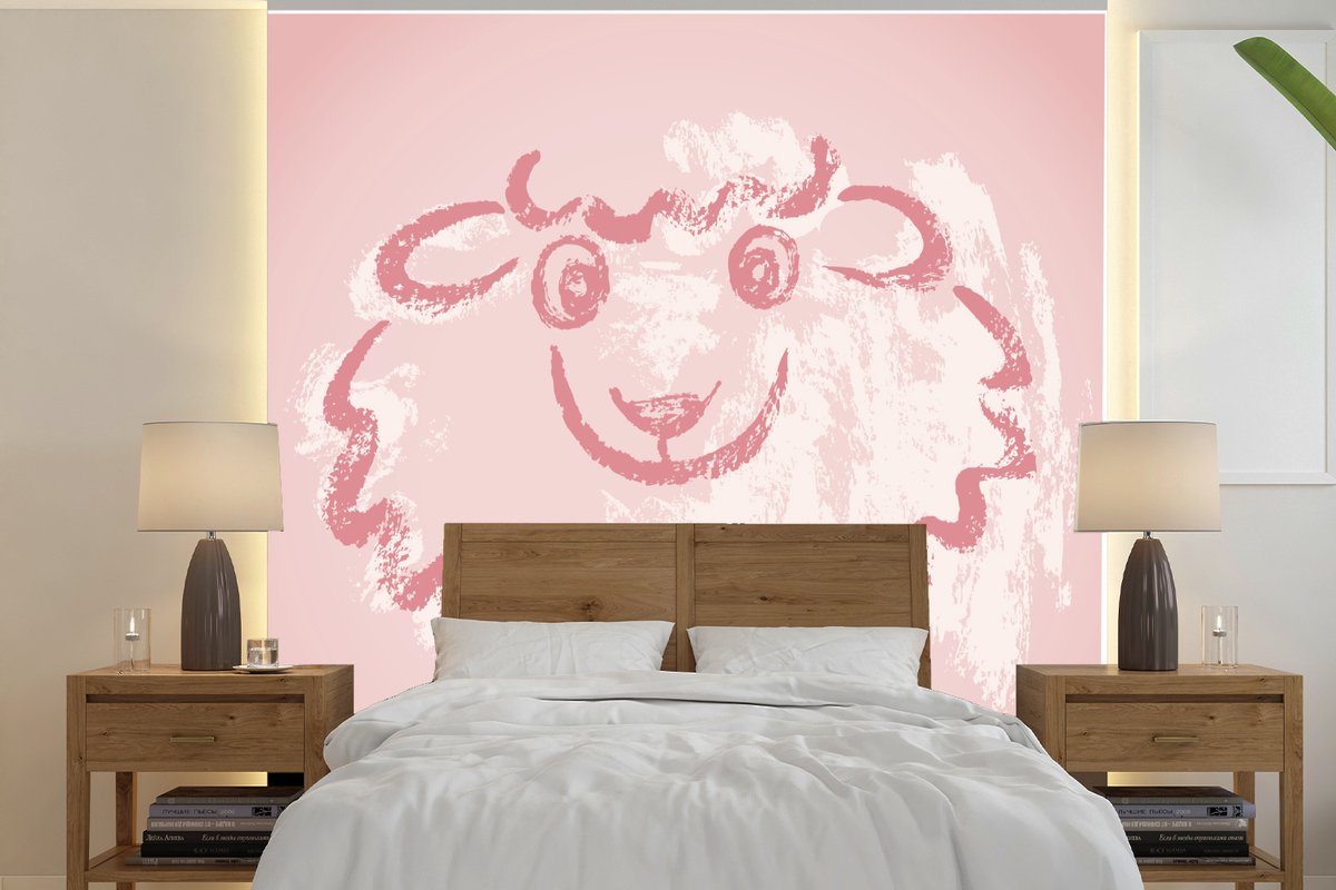 Behang - Fotobehang een schaap in het roze - Breedte 350 cm x hoogte 350 cm