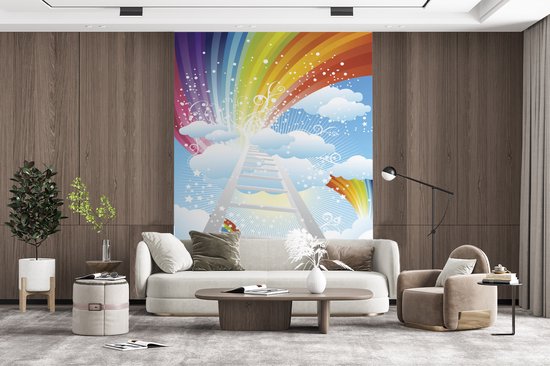Papier peint photo vinyle - Une illustration d'un escalier entouré de nuages et d'arcs-en-ciel largeur 195 cm x hauteur 260 cm - Tirage photo sur papier peint (disponible en 7 tailles)