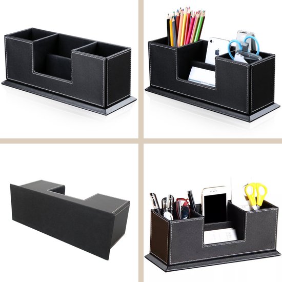 Buxibo - Multifunctionele Lederen Desktop Organizer - 4 Compartimenten - Opbergdoos - Afstandsbediening Houder - Bureau Accessoires - Pennenbak/Pennenhouder/Desk/Werktafel - Leer - Zwart