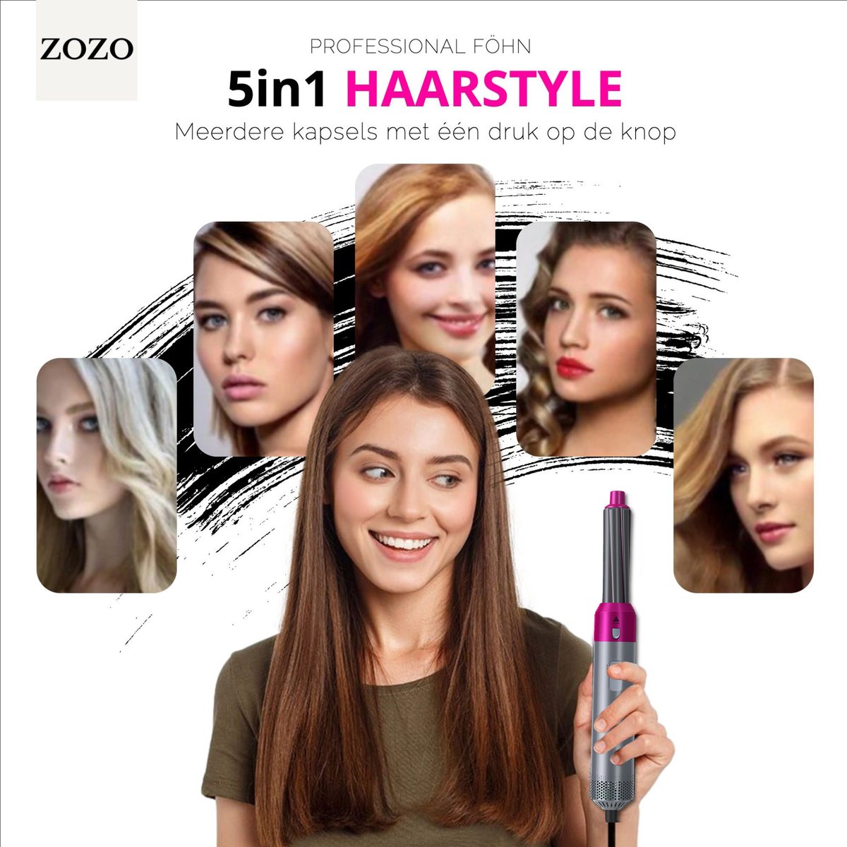 Zozo’s Airwrap - föhn borstel -5 in 1 Multi styler -5 opzet stukken - krultang – stijlborstel- hairwrap - Airstyler - multifunctioneel - Multi styler – haardroger – Airwrap krultang – optimaal volume. — afbeelding 3