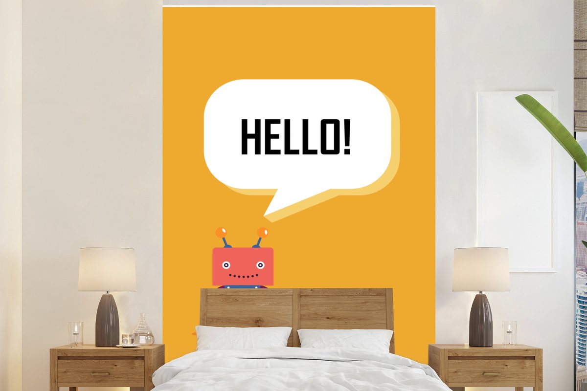 Behang - Fotobehang Robot met een tekstwolkje 'Hello!' oranje achtergrond - Breedte 170 cm x hoogte 260 cm