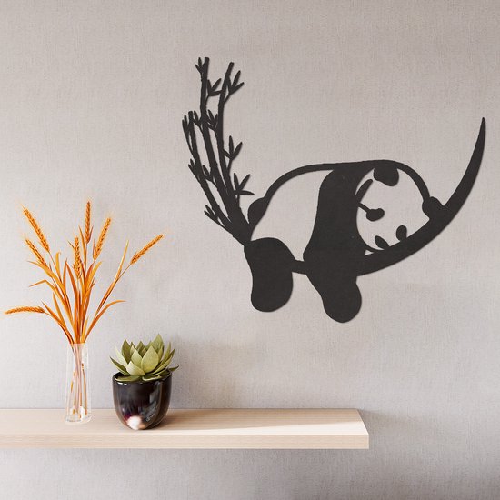 Wanddecoratie - Panda Maan Bamboo - Dieren - Hout - Wall Line Art - Muurdecoratie - Woonkamer - Slaapkamer - Om Aan De Muur Te Hangen - Zwart - 33 x 29 cm