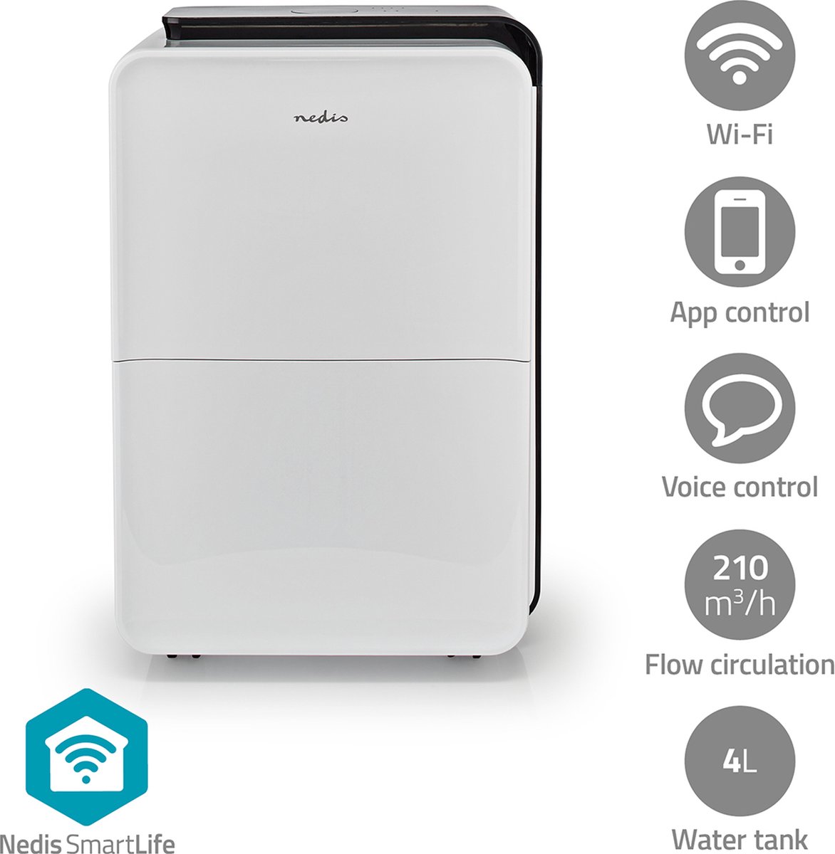 Nedis SmartLife Luchtontvochtiger - Wi-Fi - 30 l/Dag - Ontvochtiging / Continu / Was drogen / Ventilatie - Android / IOS - Regelbare hygrostaat - 210 m³/h