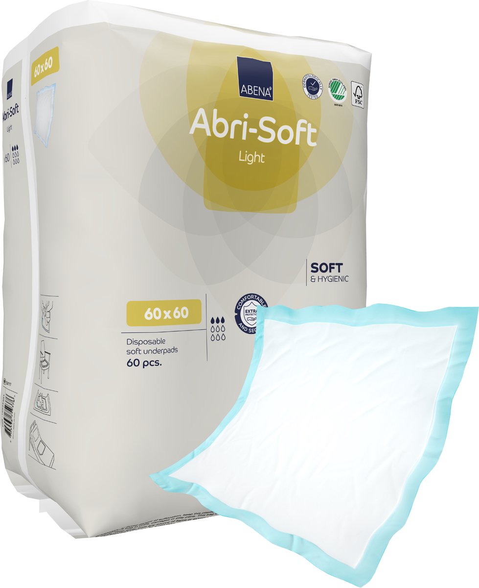 Abena Abri-Soft Light Wegwerp Onderleggers Incontinentie - 60 Onderleggers - Voor bescherming van Matras, Bank of Stoel - Tot 700ml absorptie - Waterdicht - Duurzaam - 60 x 60 cm
