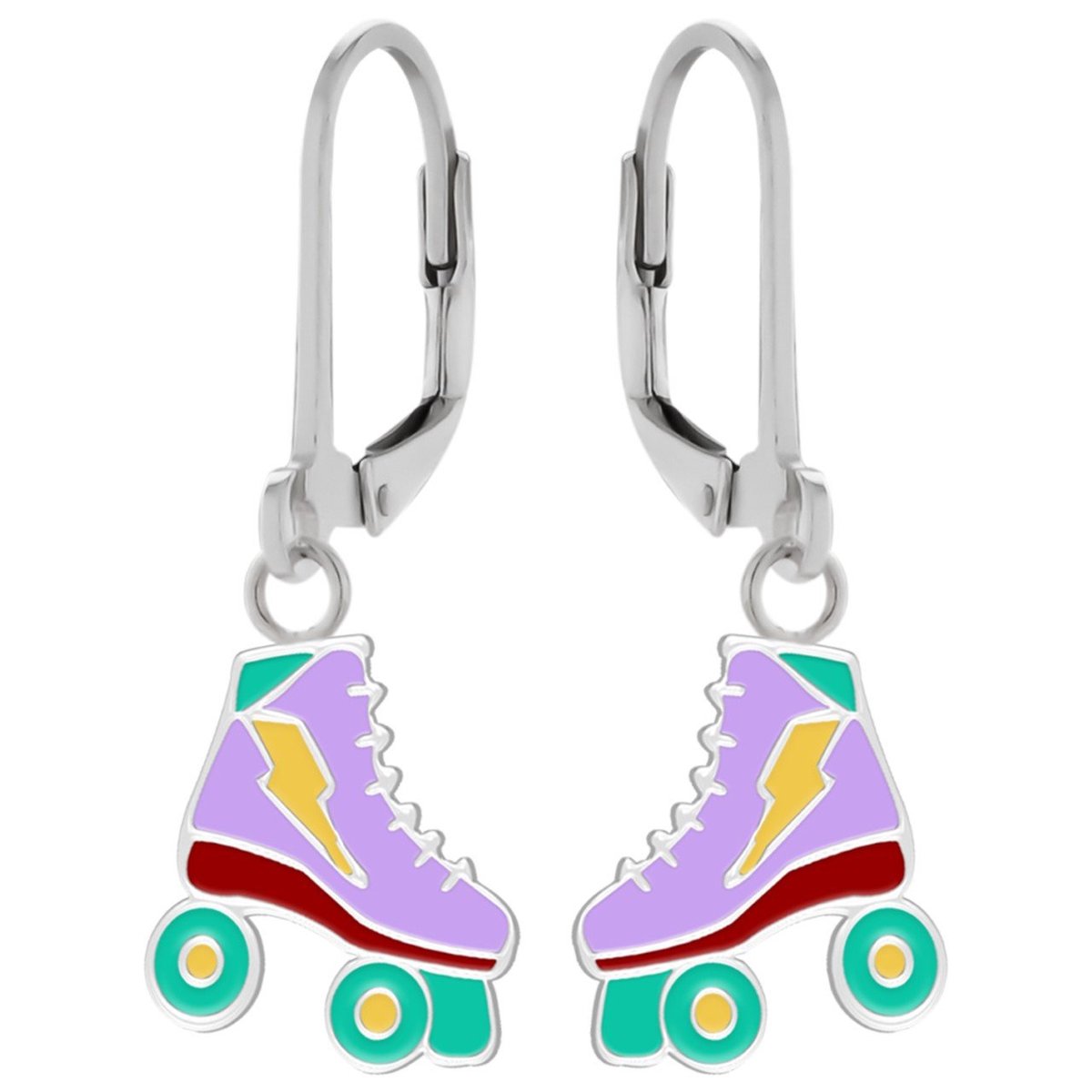 Oorbellen meisje | Zilveren kinderoorbellen | Zilveren oorhangers, rolschaats in pastelkleuren met bliksemschicht