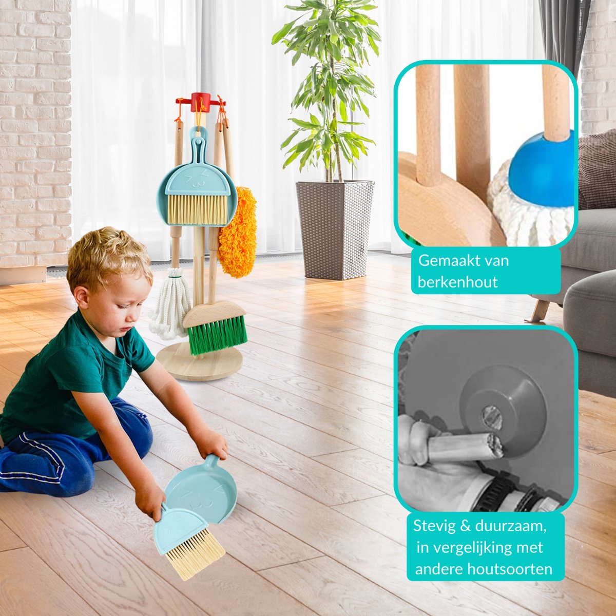 Buxibo Kinder Schoonmaak Set - Houten Huishoudelijke Gereedschap - Mini Bezem, Stoffer, Mop - Montessori Speelgoed - Multicolor — afbeelding 9