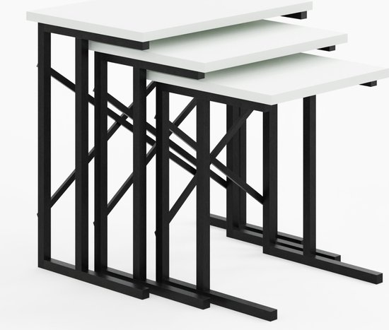 FurniChic, bijzettafel - 3-delige set - industriële moderne salontafel met houten en metalen poten - sidetables in woonkamer, slaapkamer of balkon- wit- 35x53x54