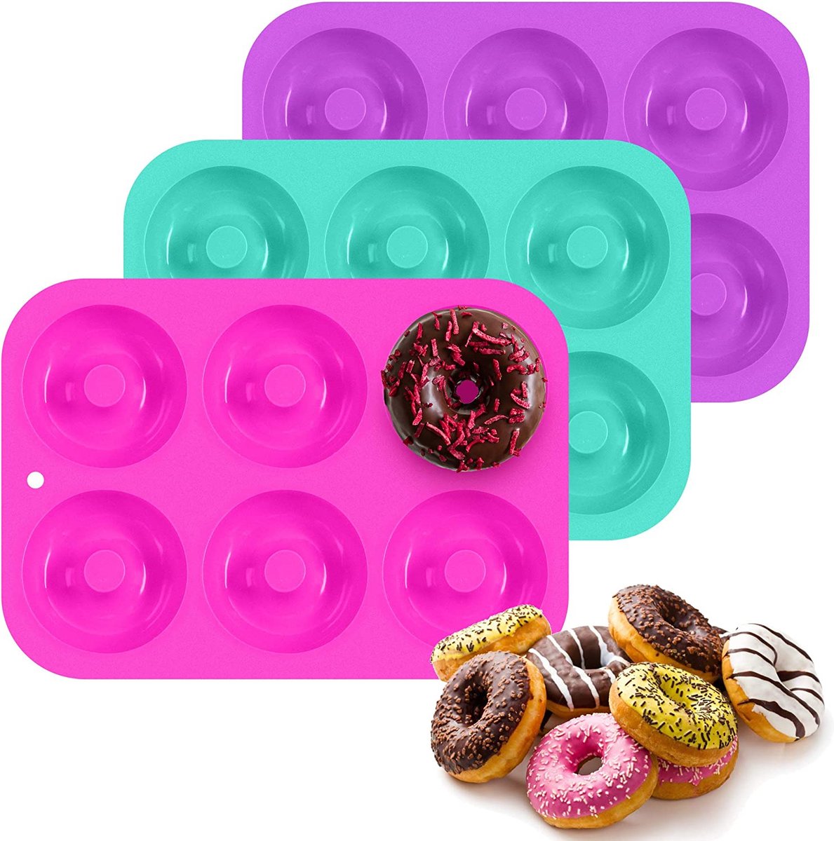 Boxiki Kitchen Siliconen donutvorm Premium niet-stick donutvorm voor het bakken van bagels en verschillende bakvormen traktaties | Pack van 3 Donut bakplaat