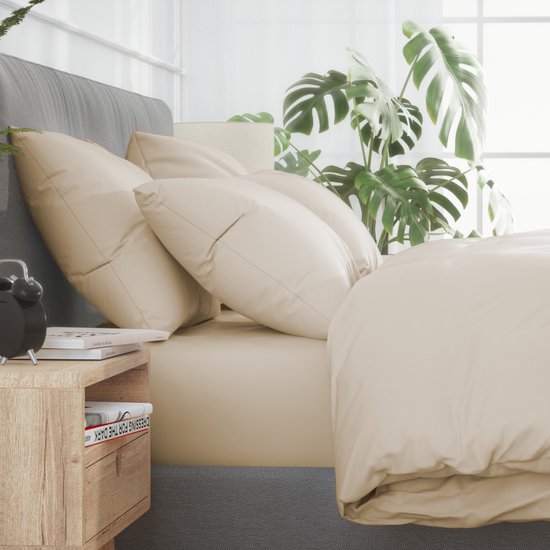 Nordic Paradise - Housse de couette en satin de Katoen de Luxe 140x200 cm + 2 taies d'oreiller 60x70 cm avec fermeture éclair fine - Beige