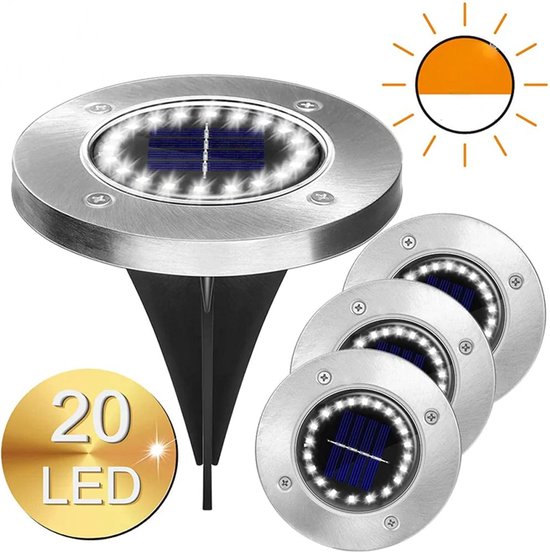Arisenn® 20 LEDS - 4 x Solar RVS LED Grondspot Zwart - WarmWit 2700K -  Solar... | bol.com
