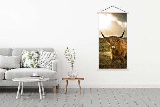 Porte-affiche avec affiche - Affiche scolaire - Highlander écossais - Soleil - Animaux - 90x180 cm - lattes vierges