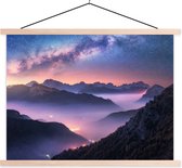 Posterhanger incl. Poster 60x45 cm - Schoolplaat - Bergen - Sterrenhemel - Mist - Textielposter - Blanke latten