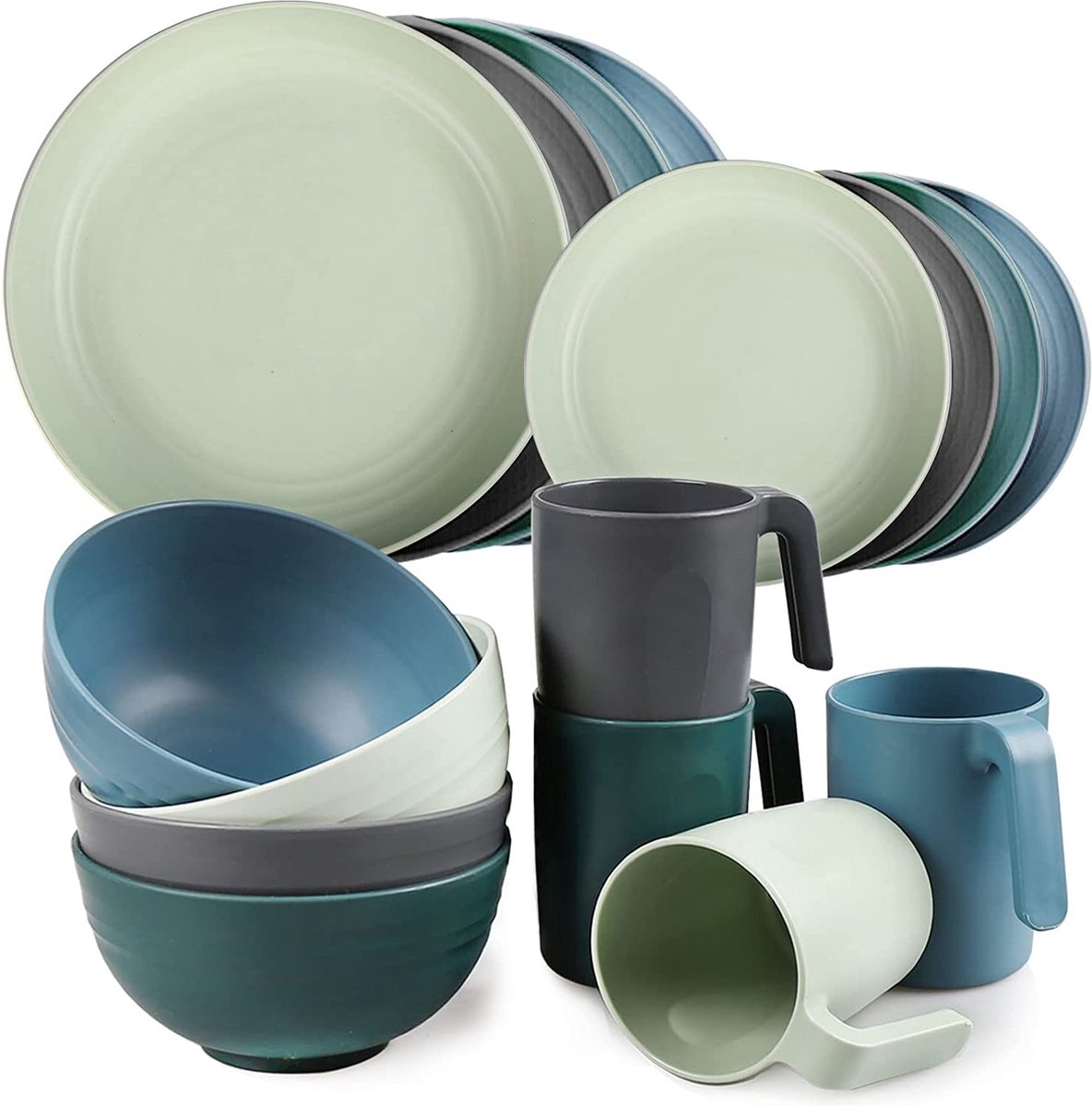 Greentainer Unbreakable Plastic Dinnerware Set, Lightweight Tableware with 4 Dinning Plates, 4 Dessert Plates, 4 Bowls, 4 Cups Kids & Adults, Service for 4, Dishwasher&Microwave Safe,16 Pcs