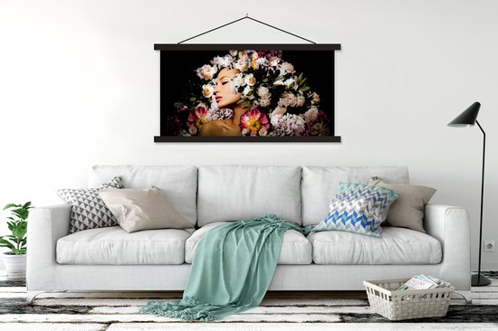Porte-affiche avec affiche - Affiche scolaire - Femmes - Fleurs - Roses - Portrait - 150x75 cm - Lattes noires
