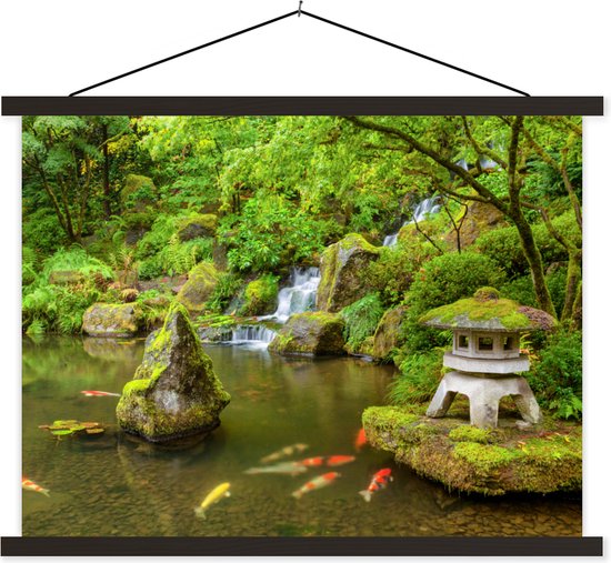 Cintre pour poster avec poster 120x90 cm - Plaque scolaire - Cascade - Koï - Lanterne japonaise - Mousse - Eau - Poster textile - Lattes noires