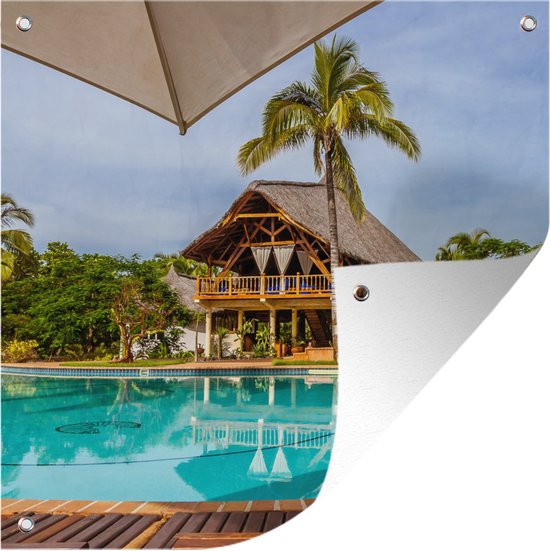 Tuin poster Tropische villa met groot zwembad - 200x200 cm - Tuindoek - Buitenposter