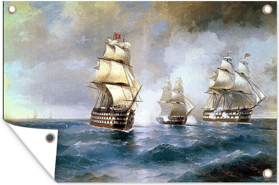 Tuindecoratie Brig Mercury Attacked by Two Turkish Ships - schilderij van Ivan Aivazovsky - 60x40 cm - Tuinposter - Tuindoek - Buitenposter