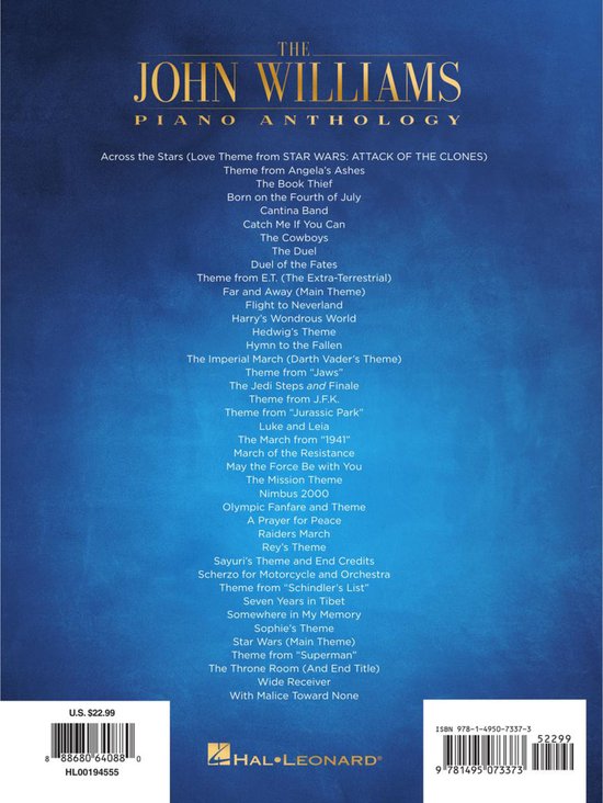 Achterpagina van 'The John Williams Piano Anthology' met een lijst van alle nummers.