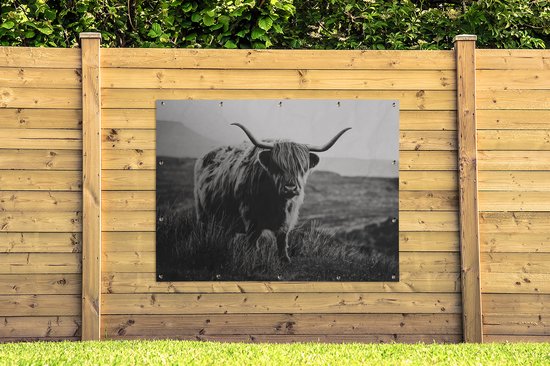Décoration murale extérieure Highlander écossais - Nature - Vaches - Animaux - Zwart et blanc - 160x120 cm - Toile de jardin - Affiche extérieure