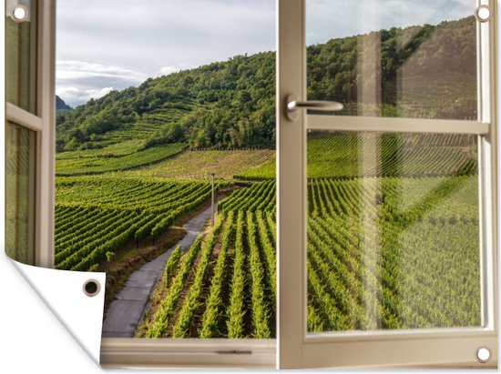 Affiche de jardin Fenêtre - Vue à travers une fenêtre sur un vignoble Affiche de jardin 80x60 cm - Toile de jardin / Toile d'extérieur / Peintures d'extérieur (décoration de jardin)