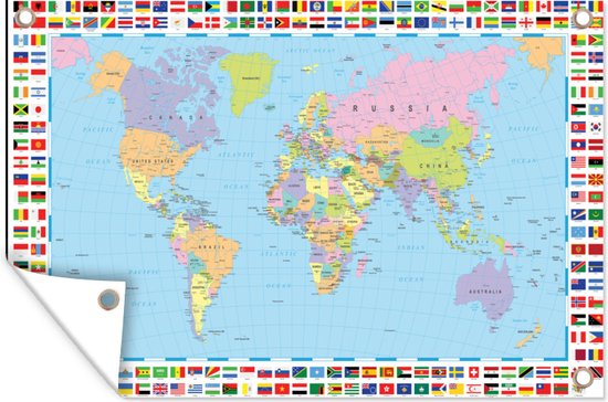 Tuindecoratie Wereld - Kaart - Vlag - Kleuren - 60x40 cm - Tuinposter - Tuindoek - Buitenposter