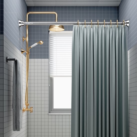 Zilverkleurige douchegordijnroede met gouden accenten en een blauwgroen douchegordijn.