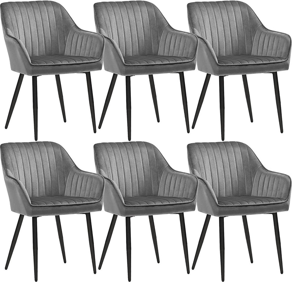 Eetkamerstoelen - Fauteuil - Gestoffeerde stoelen - Set van 6 - Met armleuningen - Metalen poten - Fluwelen bekleding - Grijs