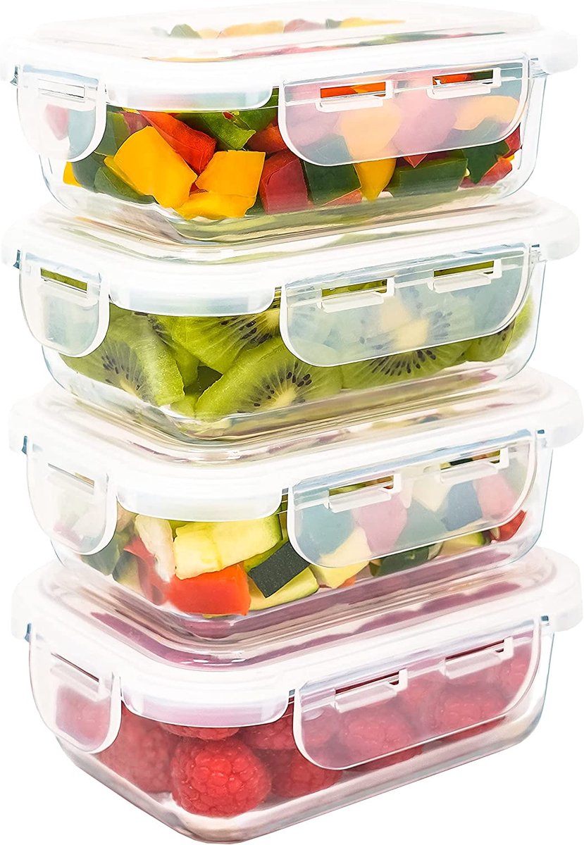 LG Luxury & Grace 4-Pak Glazen Voedselcontainer 360 ml. Luchtdicht. Bewaarbakje Geschikt voor de Magnetron, Oven, Vaatwasmachine en Diepvries. BPA-vrij.
