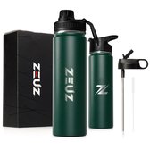 ZEUZ Premium RVS Thermosfles & Drinkfles – Waterfles met Rietje - BPA Vrij – 700 ml - Mat Groen