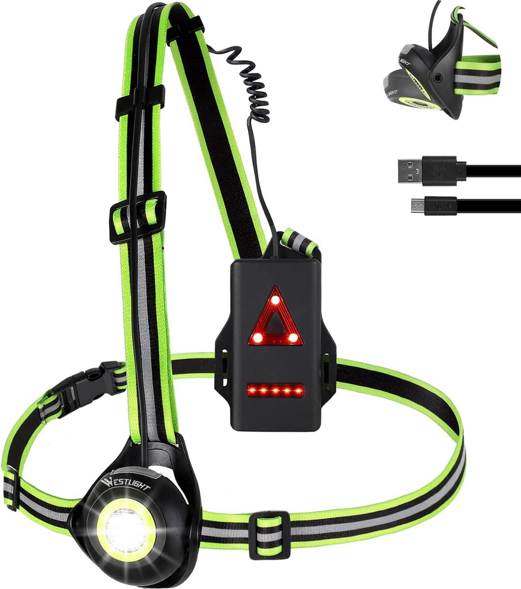 Flightmode- ICOCOPRO Looplicht met reflectoren, 90 graden verstelbaar led-borstlicht, waterdicht, USB-oplaadbaar, 500 lumen, looplamp met rood achterlicht voor hardlopen, joggen, vissen, kamperen