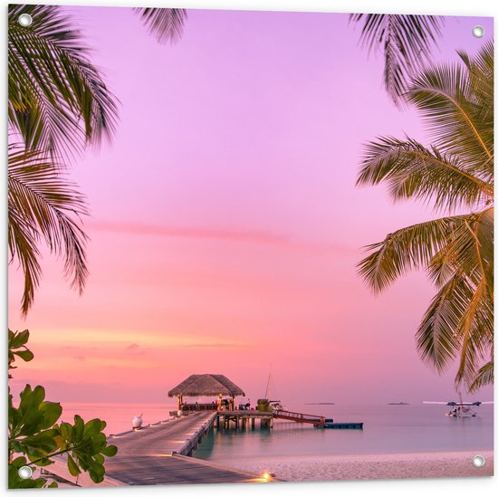Tuinposter – Maledieven Resort op het Water met Pastelkleurige Lucht - 80x80 cm Foto op Tuinposter (wanddecoratie voor buiten en binnen)