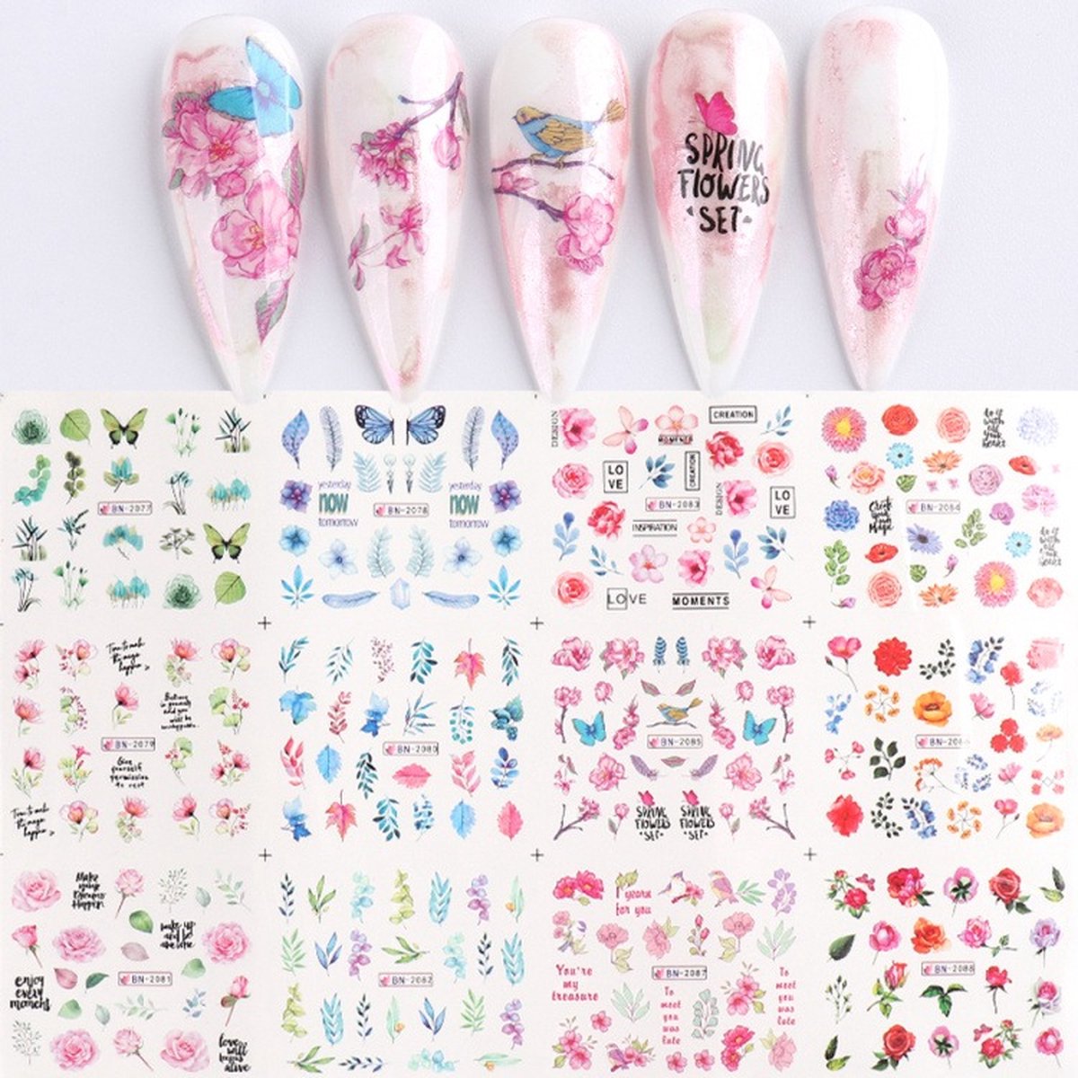 Goedkoopste 12 Stuks Nagelstickers – Watercolor Bladeren – Blauw, Roze, Groen, Paars – Nail Art Stickers