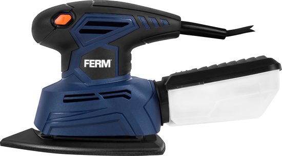 Blauwe en zwarte detail schuurmachine van FERM met stofopvangbak, van de zijkant gezien.