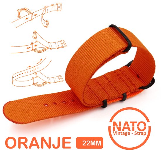 Bracelet Nato Premium 22 mm Oranje avec boucle noire - Vintage James Bond - Collection Nato Strap - Homme - Femme - Bracelet de montre - Largeur du bracelet 22 mm pour, entre autres. Seiko Rolex Omega Casio et Citizen