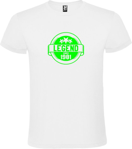 Wit T-Shirt met “Legend sinds 1981 “ Afbeelding Neon Groen Size L