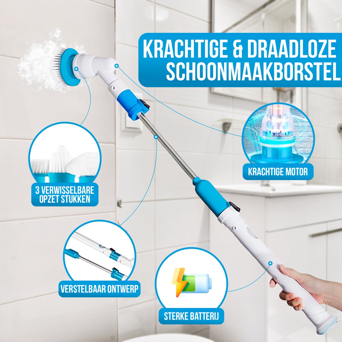 Nettoyeur électrique sans fil avec 3 têtes de brosse, épurateur de nettoyage  de douche avec bras d'extension réglable, brosse rotative pour nettoyer la  salle de bain, la cuisine, la baignoire, l'extérieur 