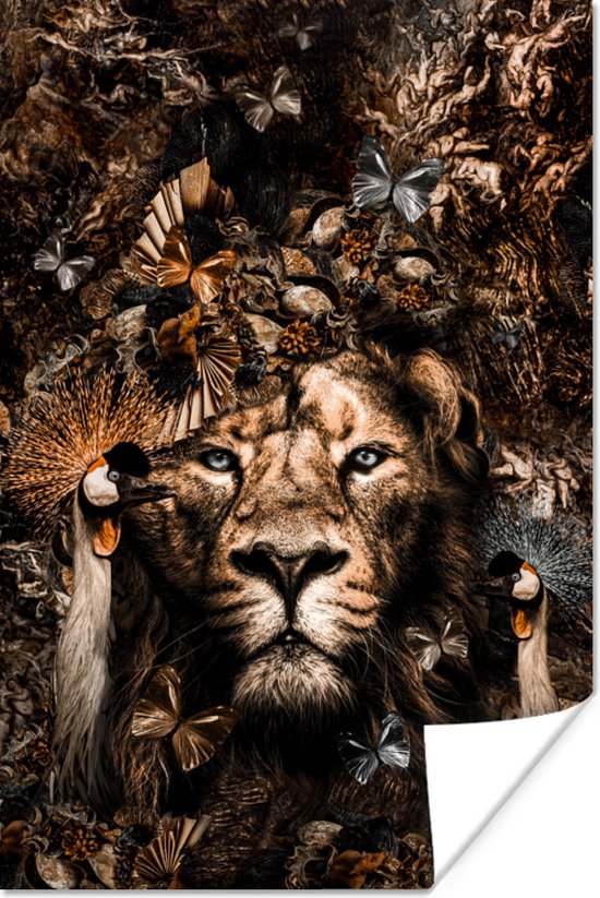 Poster Vlinder - Vogels - Leeuw - Dieren - 20x30 cm - Poster leeuw