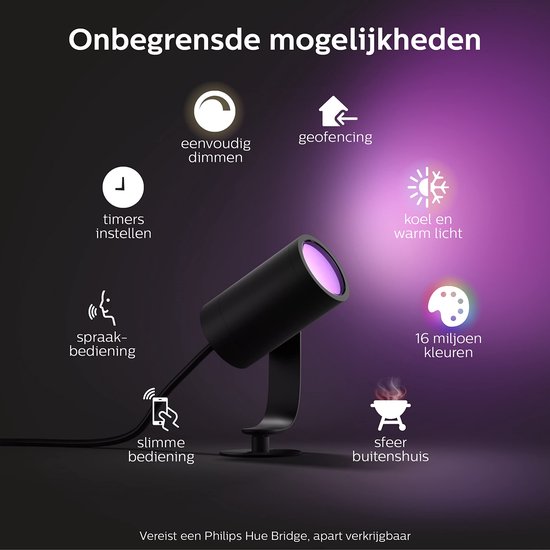 Philips Hue Lily Basisset Voordeelpakket van 4 Tuinspots (Antraciet) - Wit en Gekleurd Licht - Incl. 1 Voedingskabel - Tuinverlichting - Hue White and Color Ambiance