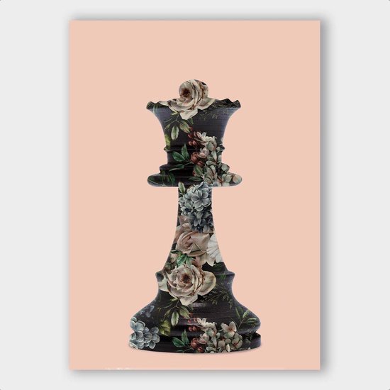 Poster van een koningin schaakstuk in donkere tinten met een bloemenprint.